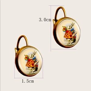 Alice In Wonderland White Rabbit Print Round Decor Earrings